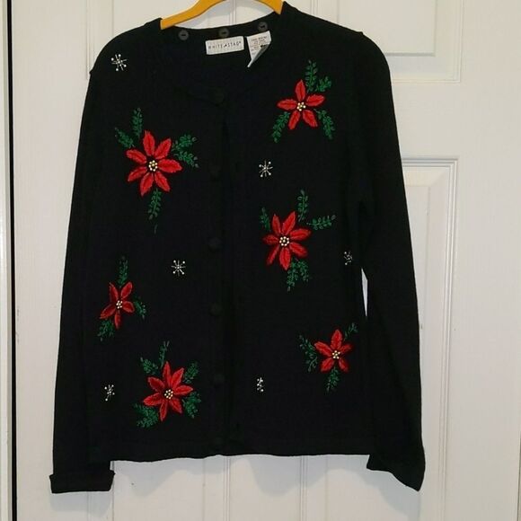 White stag black poinsetta button down cardigan Sz S (4/6) - Picture 1 of 4